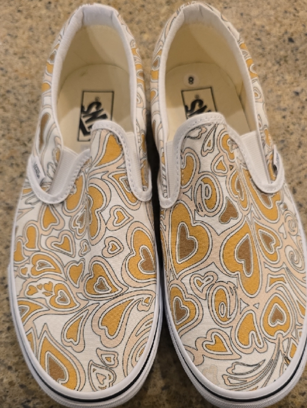 Vans White Canvas Slip-Ons with Yellow Heart Swirl Print - Picture 2 of 8